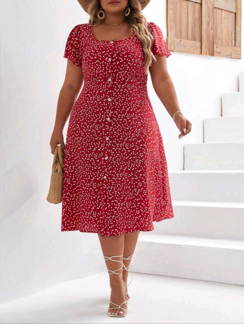 Red Dot Button-Front Midi Dress - Casual Women's Summer Dress